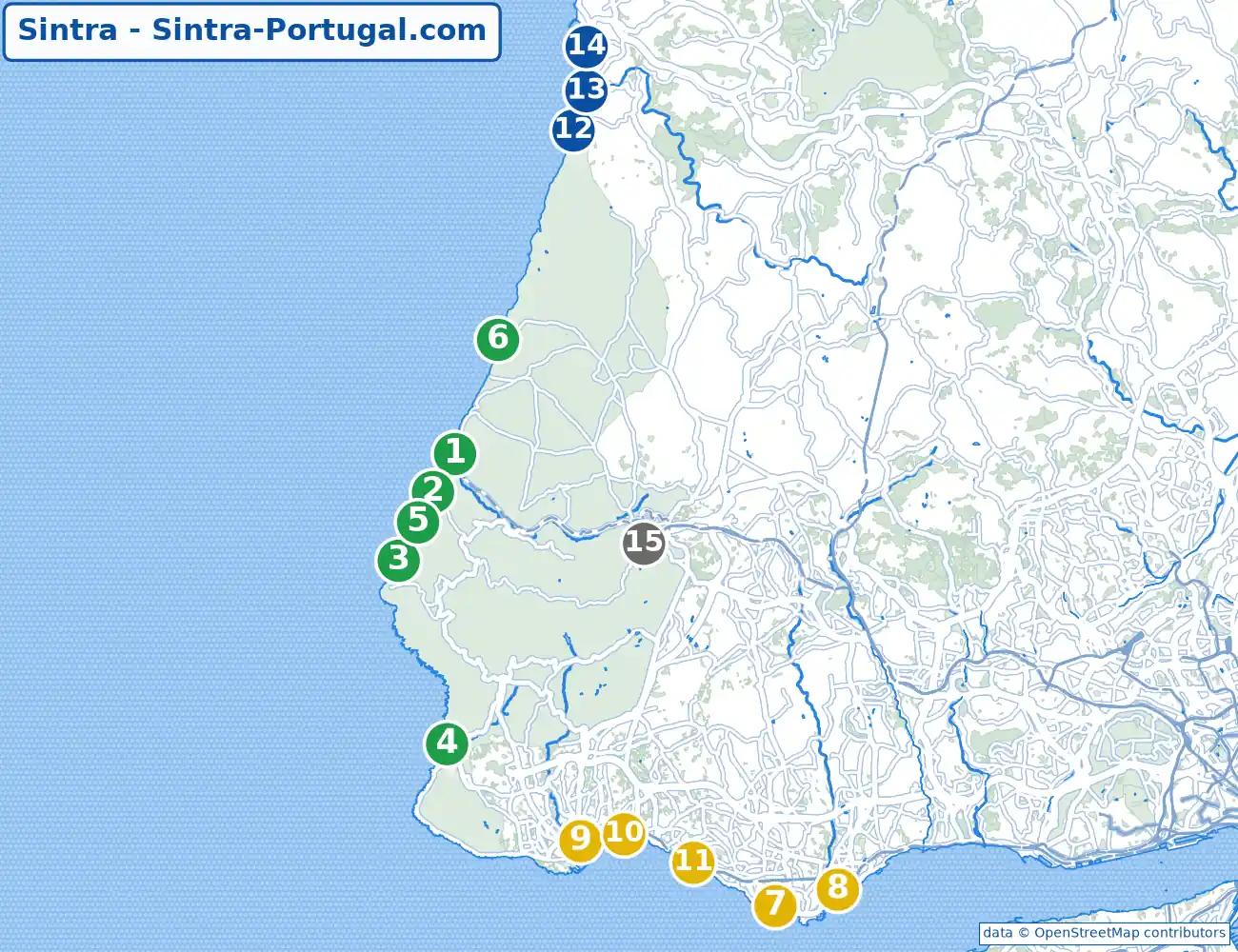 Mappa delle spiagge vicino a Sintra: Praia Grande, Praia das Maçãs, Praia do Guincho e la costa di Cascais