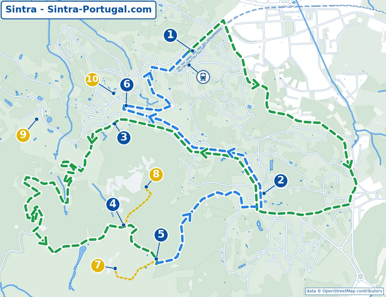 Mapa do trajeto do ônibus 434 em Sintra, com as paradas no Castelo dos Mouros e no Palácio da Pena