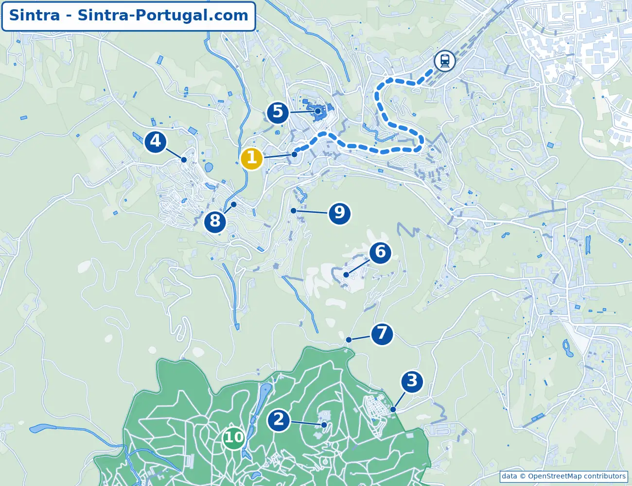 Map of Sintra town: Palácio Nacional de Sintra, Quinta da Regaleira, Castelo dos Mouros and the Palácio da Pena in the Parque da Pena