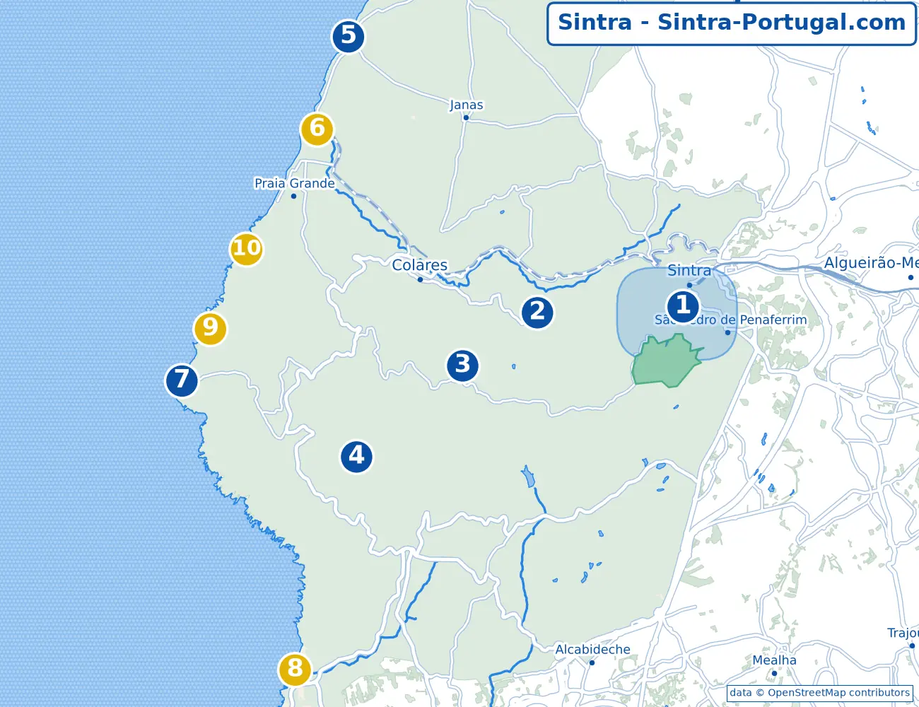 Map of the Sintra region: Sintra town, Convento dos Capuchos, Cabo da Roca, Azenhas do Mar and the beaches from Praia das Maçãs to Guincho