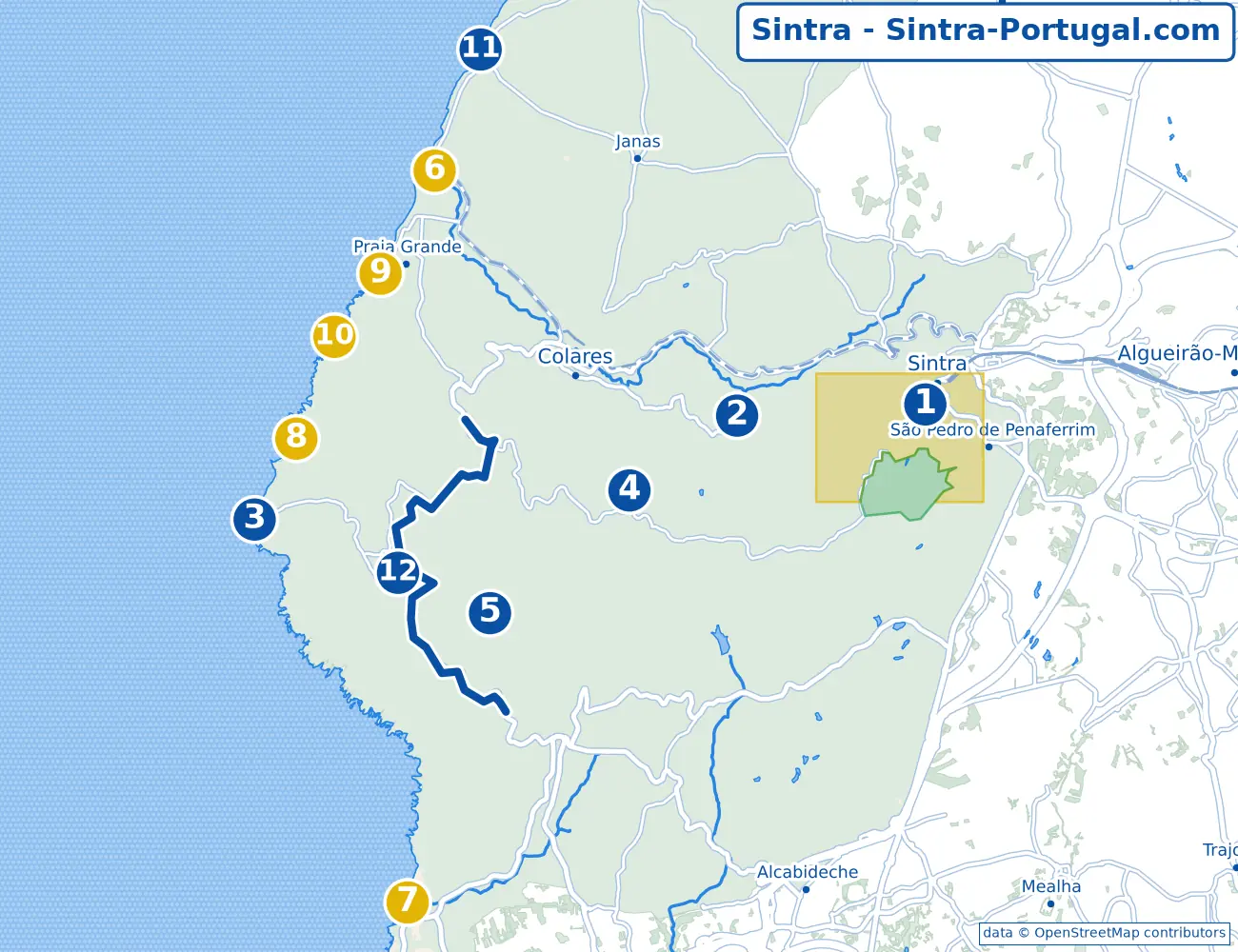 Mapa da região de Sintra: Cabo da Roca, Palácio de Monserrate, Praia Grande e Azenhas do Mar