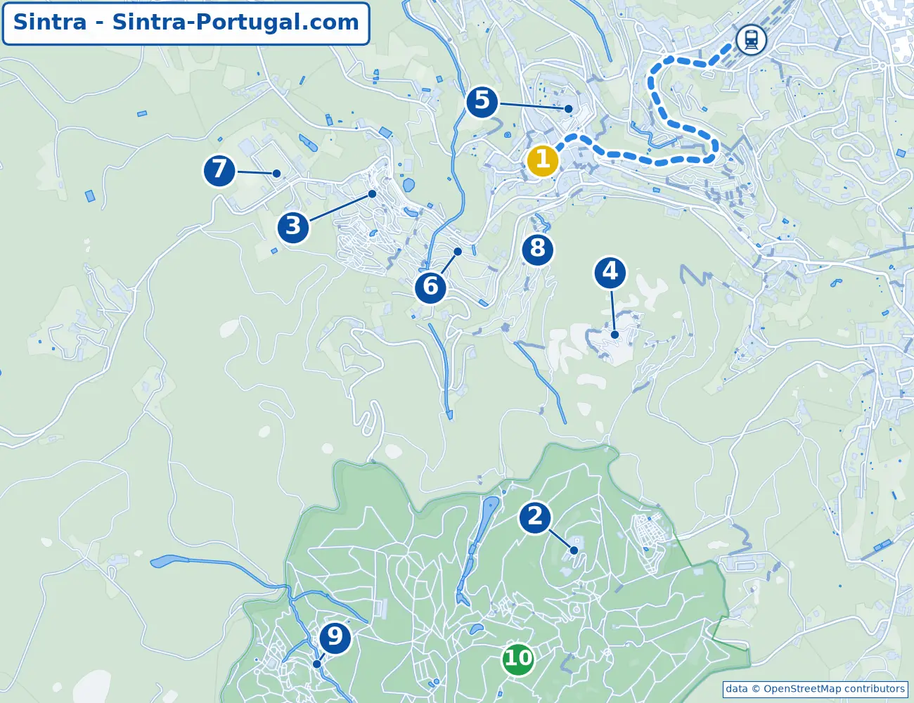 Mapa das atrações de Sintra: Palácio da Pena, Quinta da Regaleira e Castelo dos Mouros